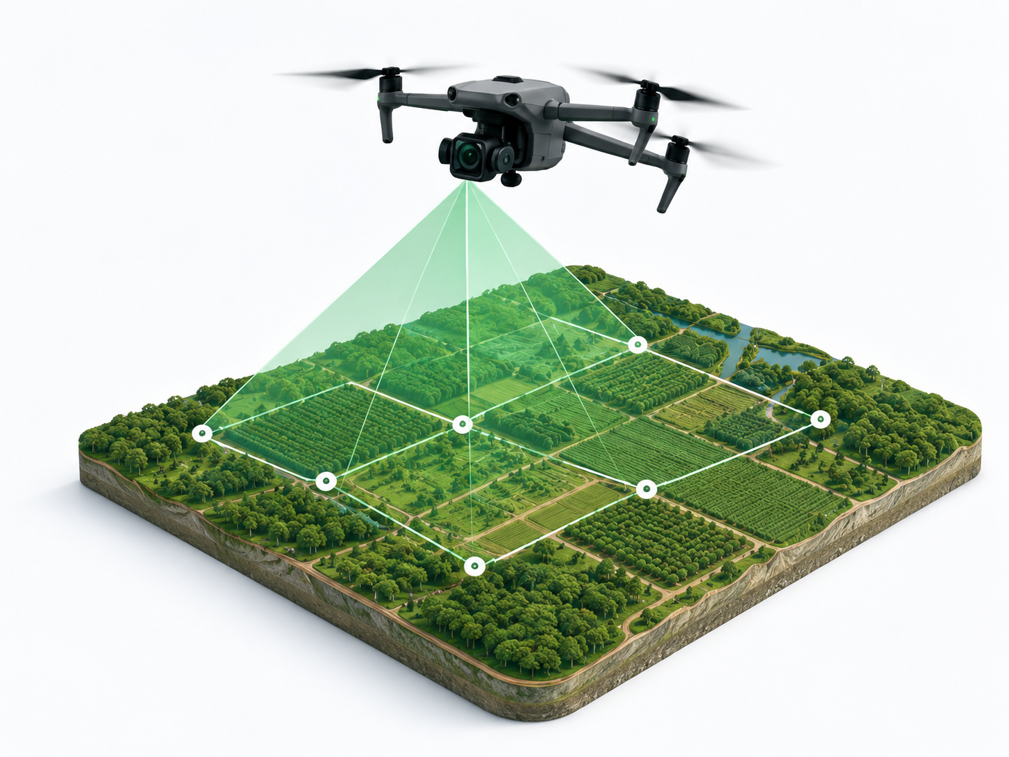 Drone escaneando talhão em mapa 3D