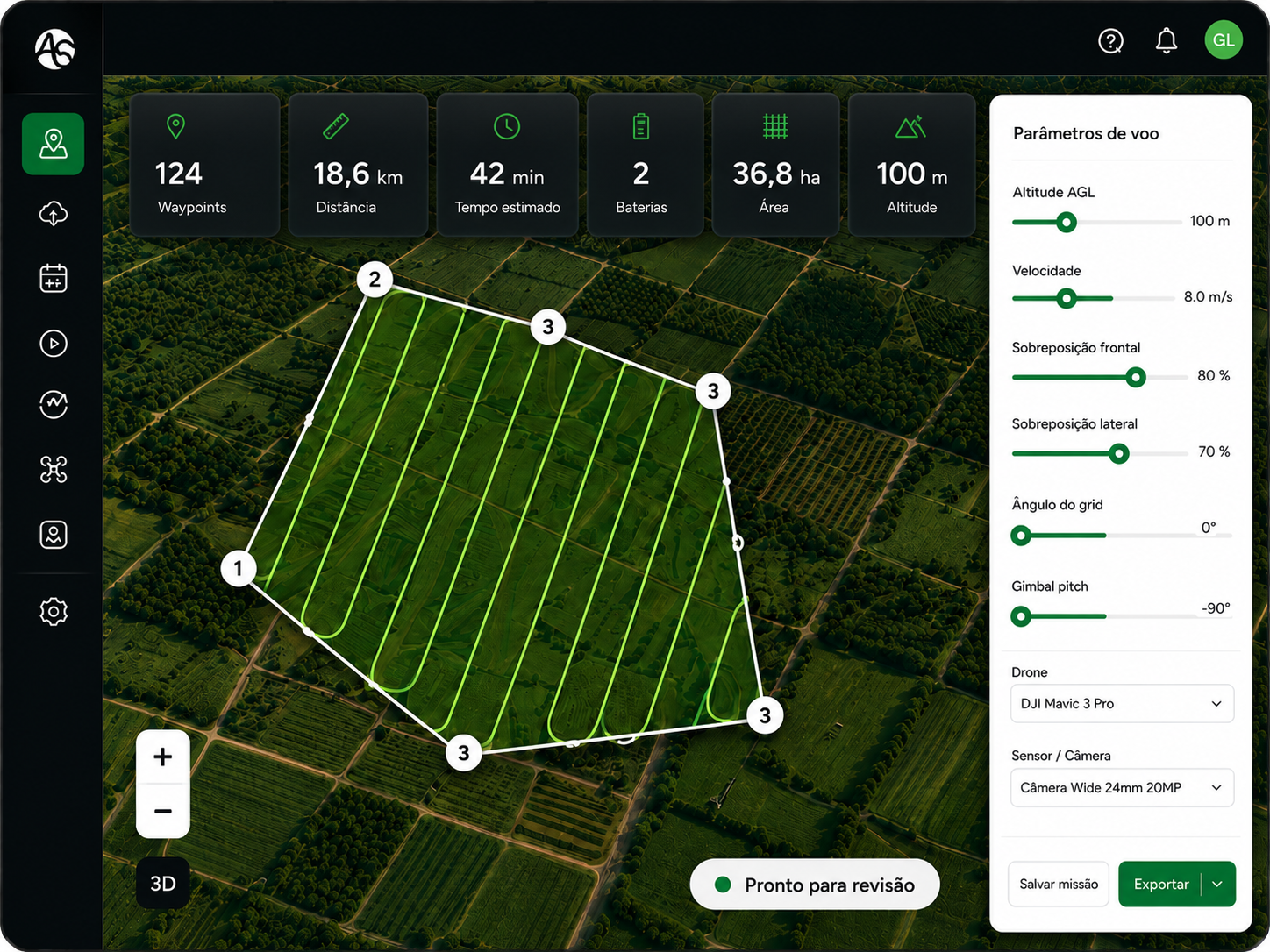 Interface do planejador AgroShape com mapa, métricas e parâmetros de voo